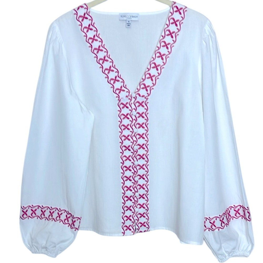 Koko + Mason Embroidered Button Front V-Neck Top Balloon Sleeves Sz M